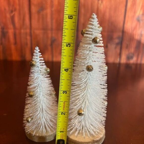 Bottle Brush white Christmas Trees With Bells 5" & 6" Set Of 2 Decorative bristl - Picture 2 of 2